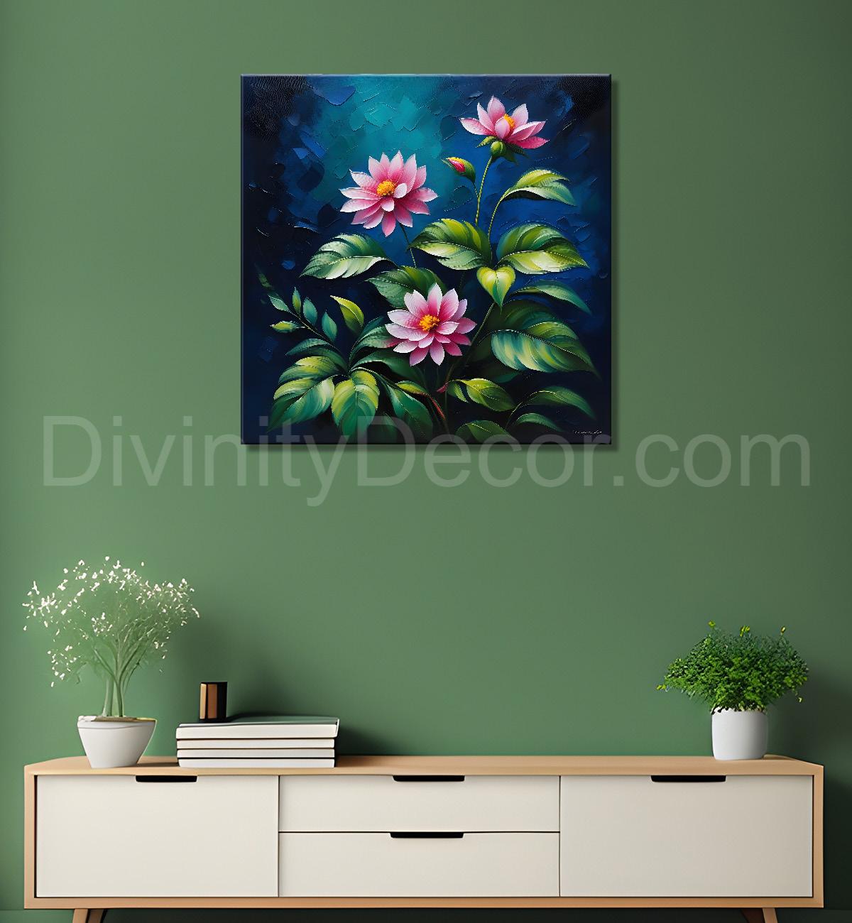 Pink flowers in navy blue textured painting Flower-S-568
