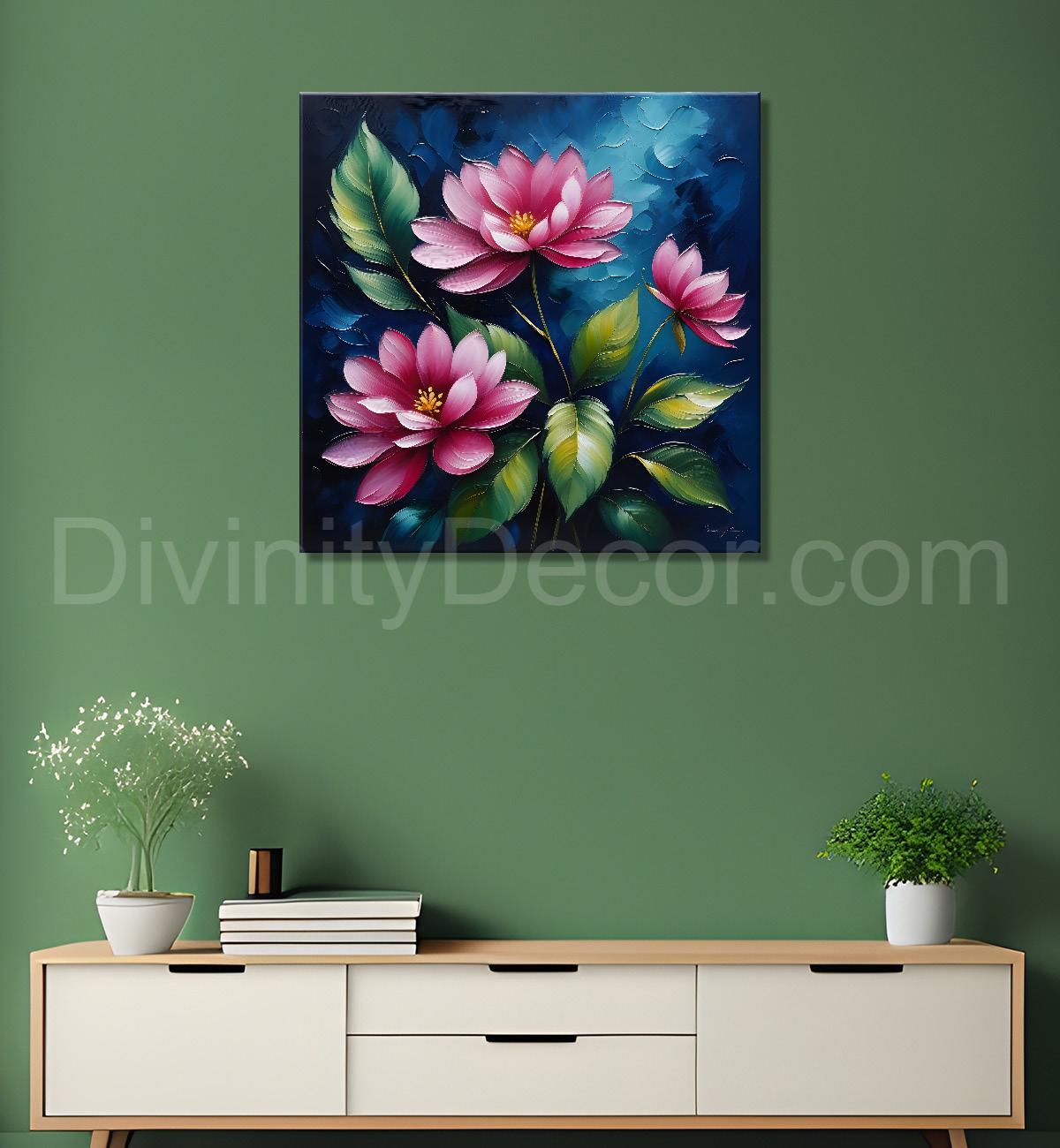 Pink flowers in navy blue textured painting Flower-S-570