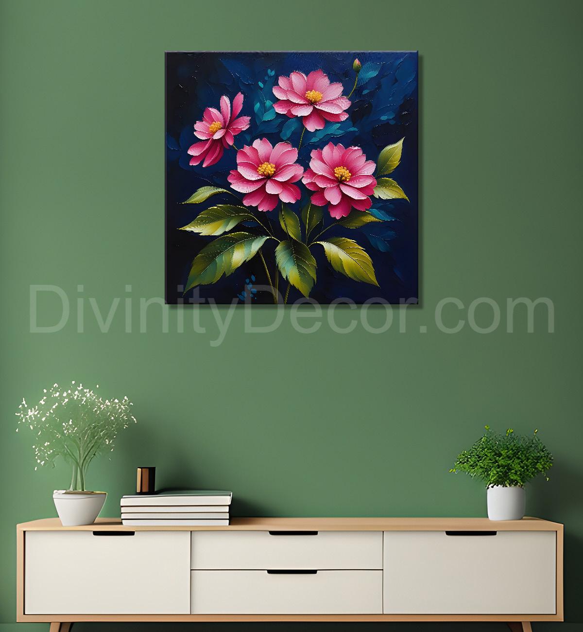 Pink flowers in navy blue textured painting Flower-S-571