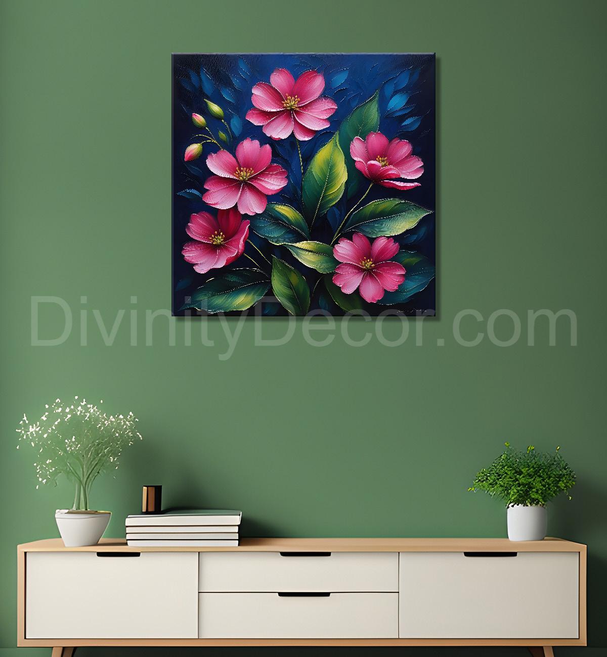 Pink flowers in navy blue textured painting Flower-S-572