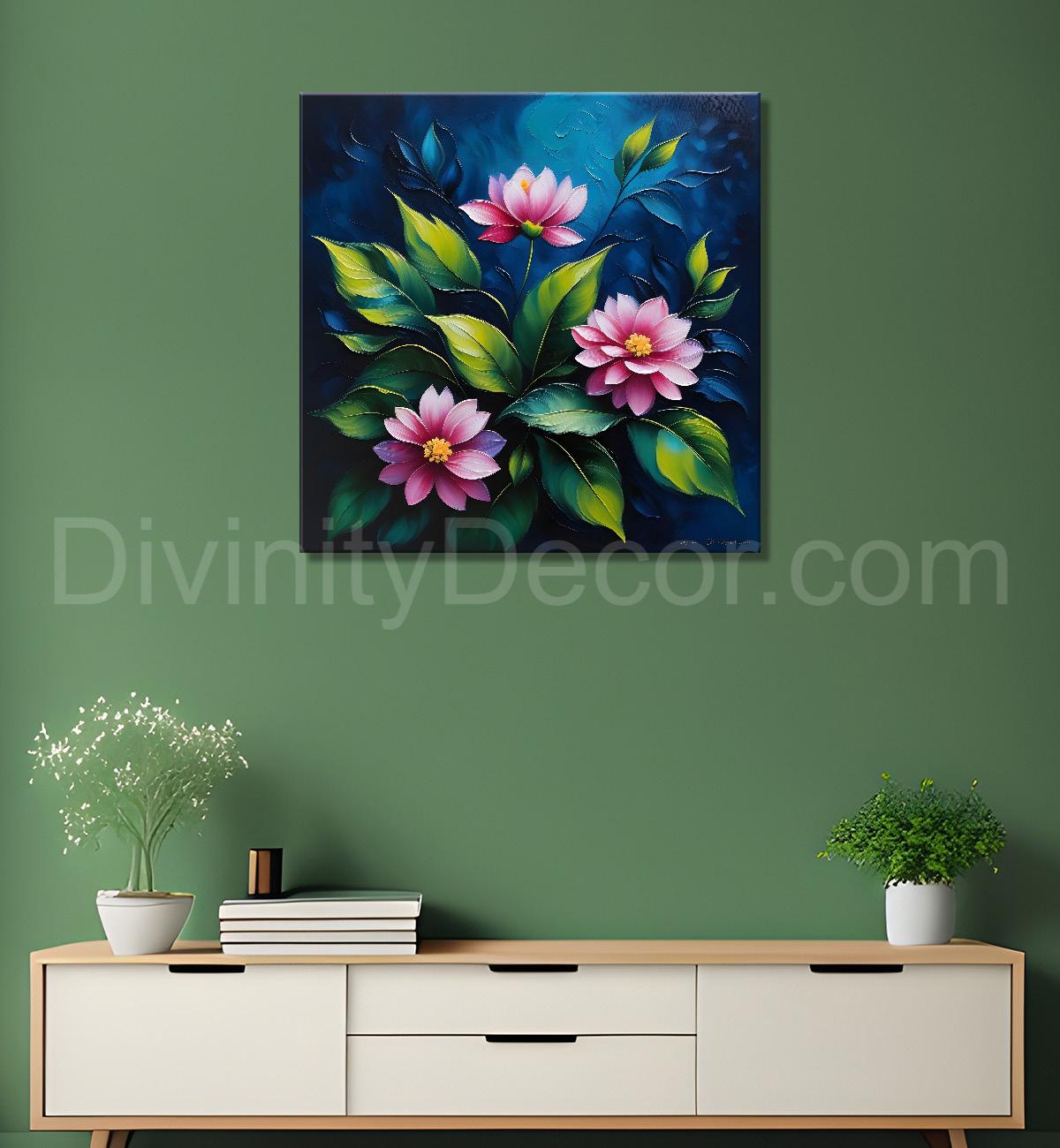 Pink flowers in navy blue textured painting Flower-S-573