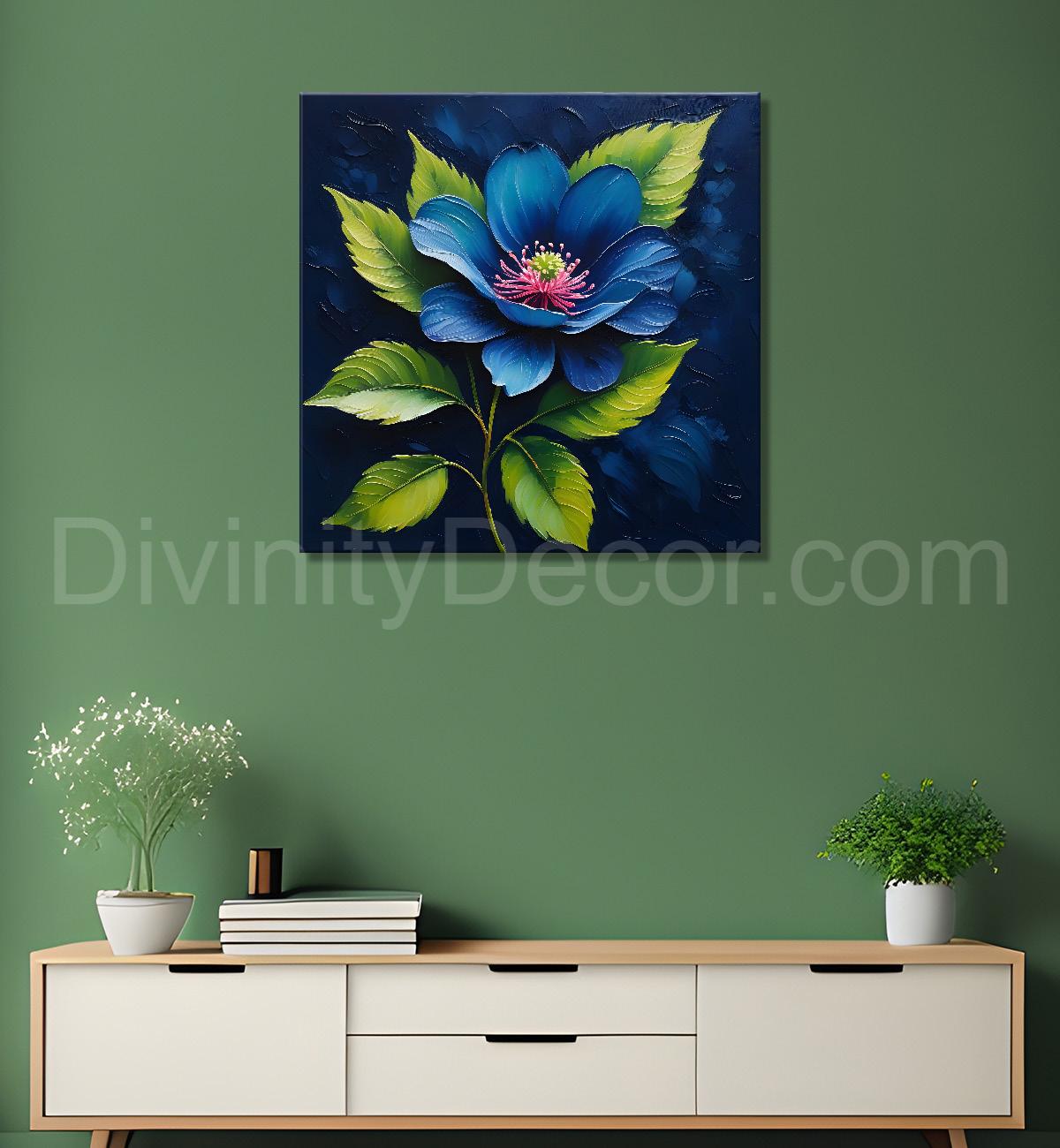 Pink flowers in navy blue textured painting Flower-S-574