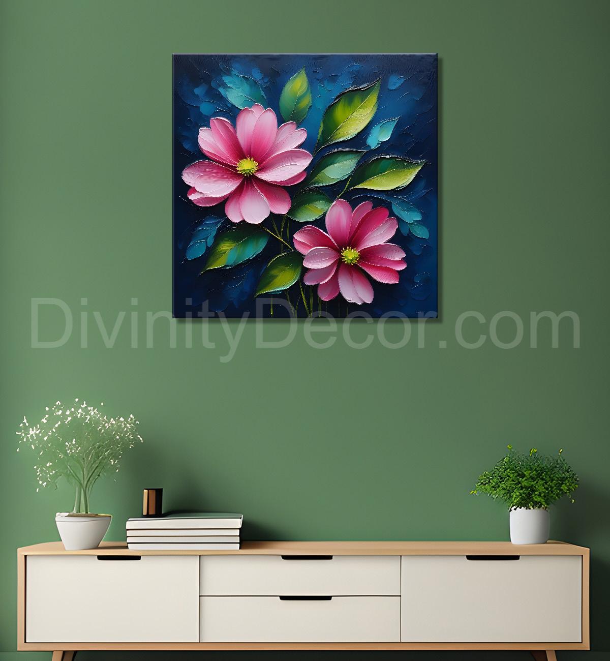 Pink flowers in navy blue textured painting Flower-S-576