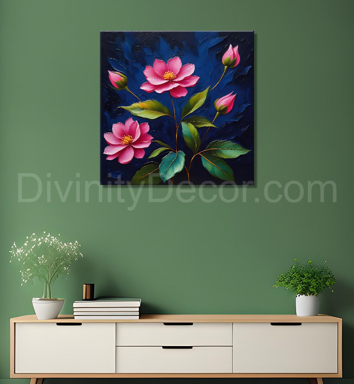 Pink flowers in navy blue textured painting Flower-S-577