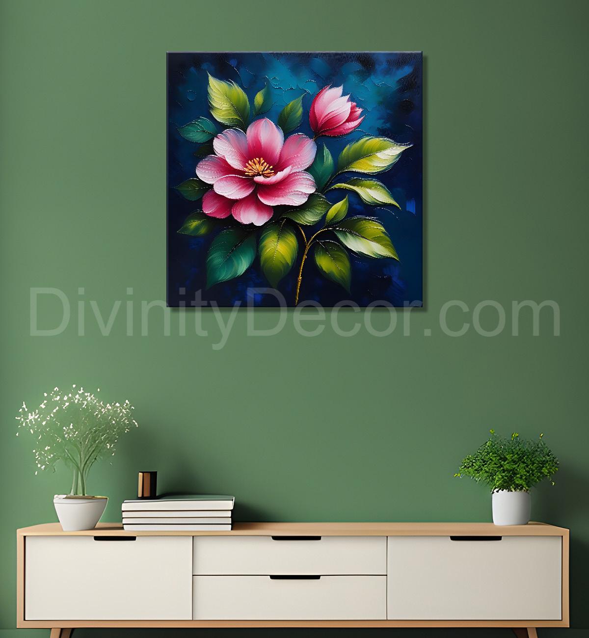 Pink flowers in navy blue textured painting Flower-S-578
