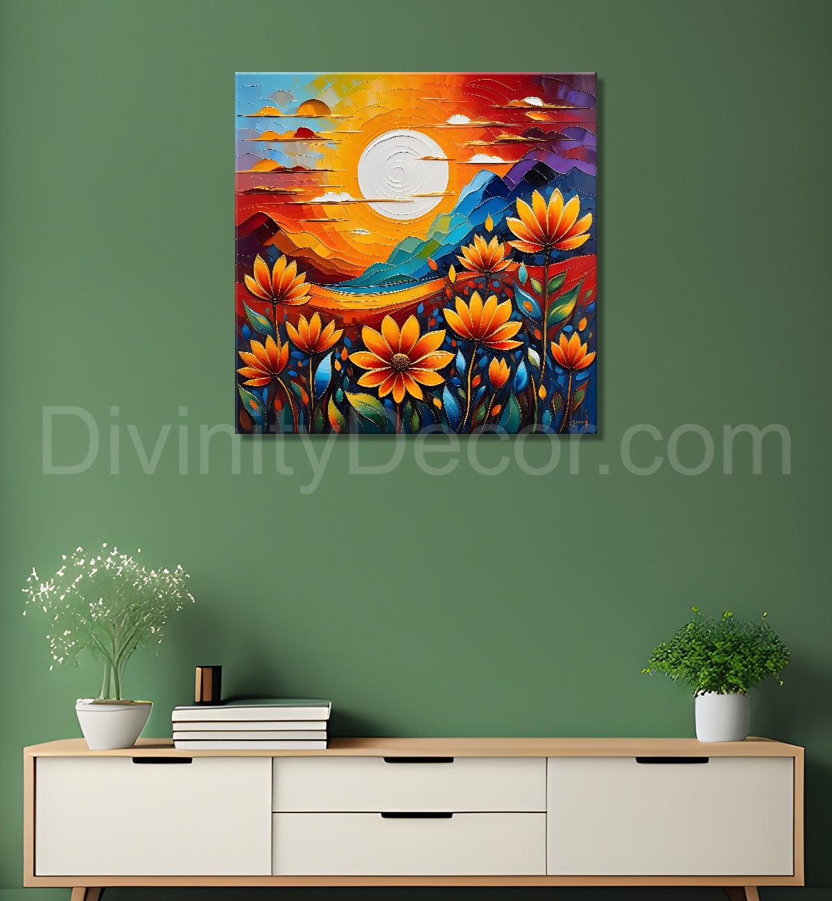 Sunflowers with the sunrise textured oil painting Flower-S-581