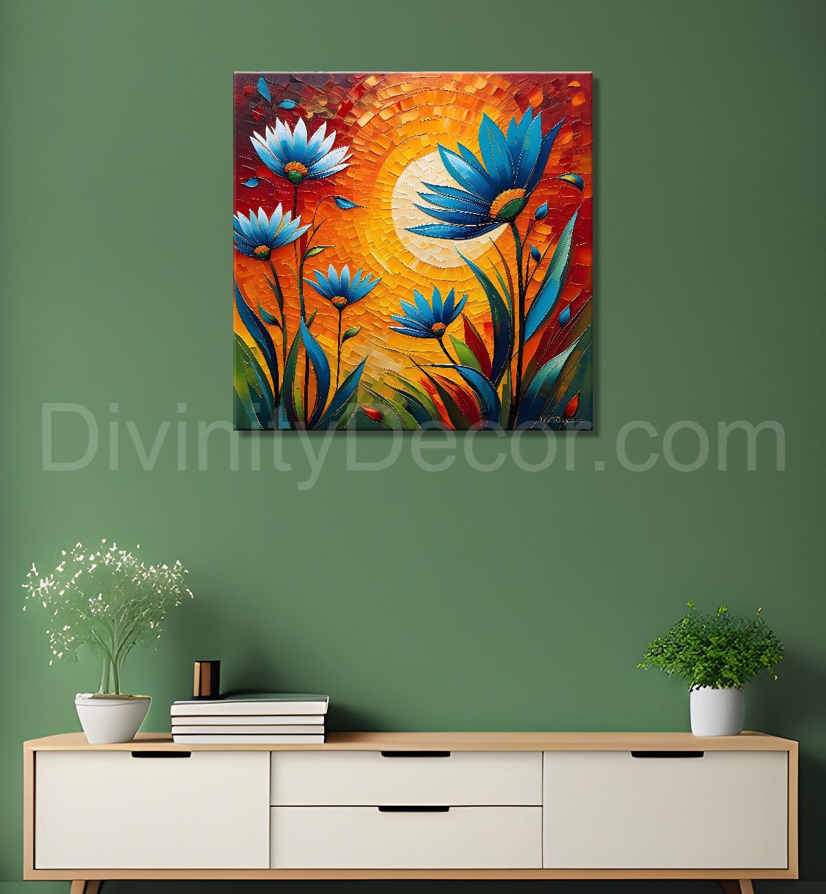 Blue flowers with the sunrise textured oil painting Flower-S-582