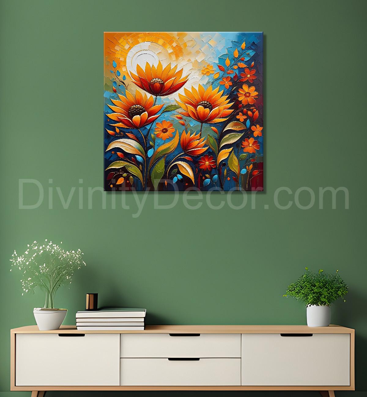 Sunflowers with the sunrise textured oil painting Flower-S-583