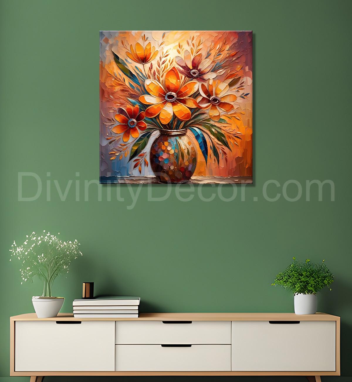 Brown flowers in a vas with yellow textured oil painting Flower-S-584