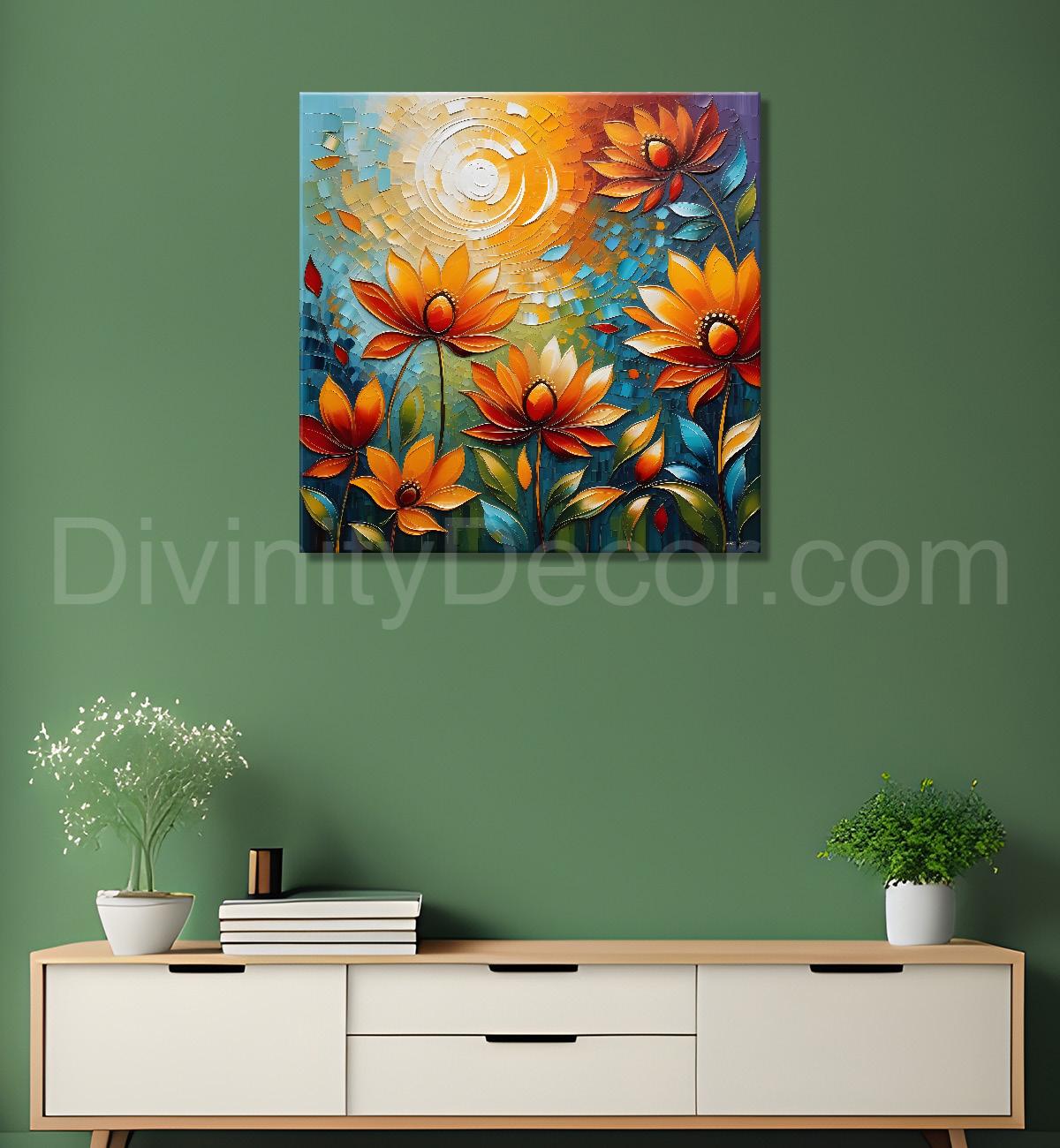 Pink flowers with colourful textured oil painting Flower-S-587