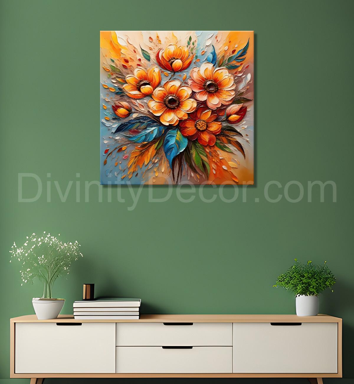 Pink flowers with colourful textured oil painting Flower-S-588