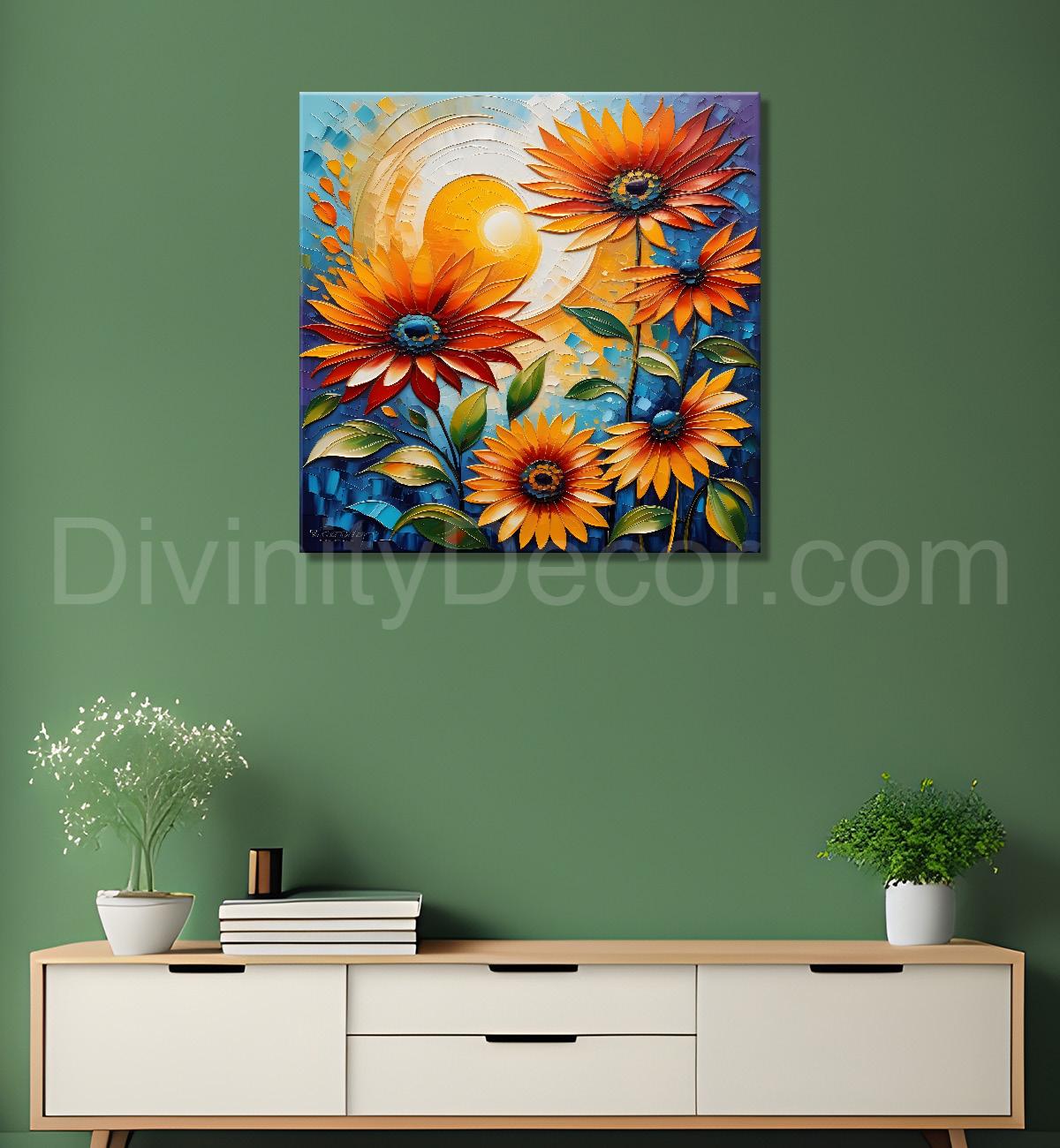 Sunflowers with the sunrise textured oil painting Flower-S-590