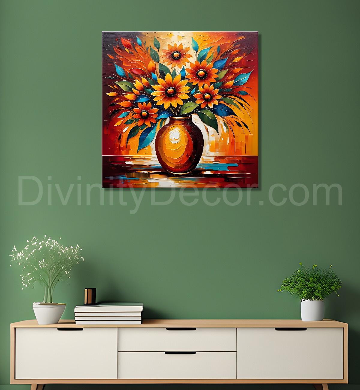 Yellow flowers in a vas with brown textured oil painting Flower-S-592