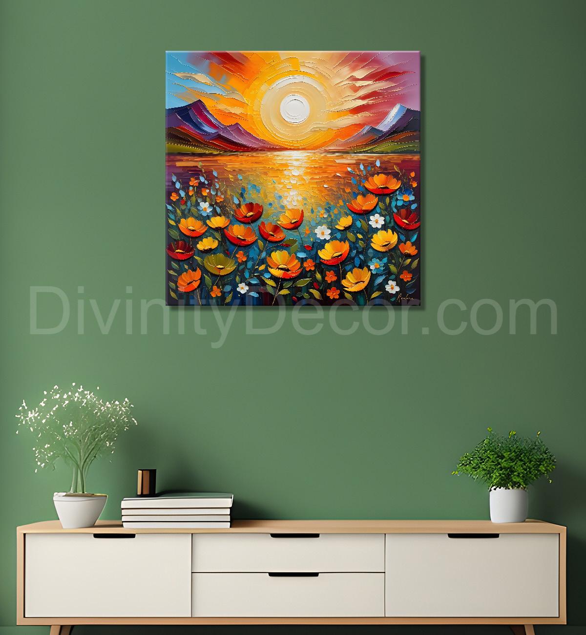 Colourful flowers with the sunrise textured oil painting Flower-S-594