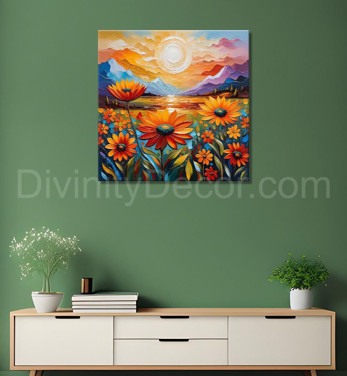 Colourful flowers with the sunrise textured oil painting Flower-S-595