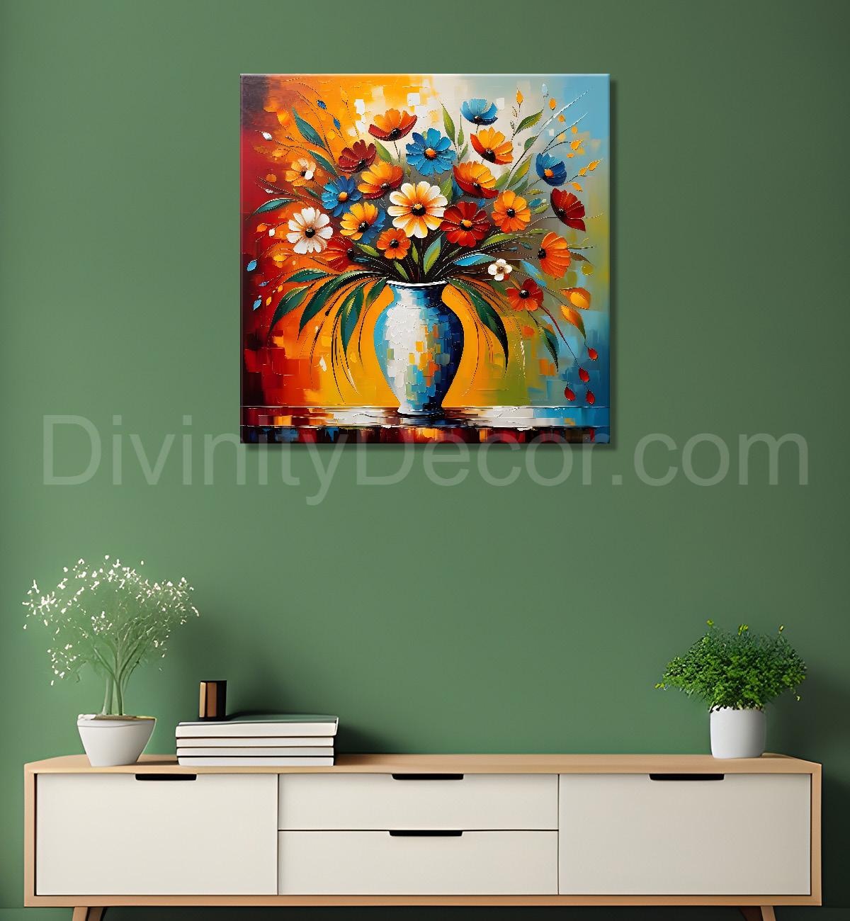 Colourful flowers in a vas with colourful textured oil painting Flower-S-597
