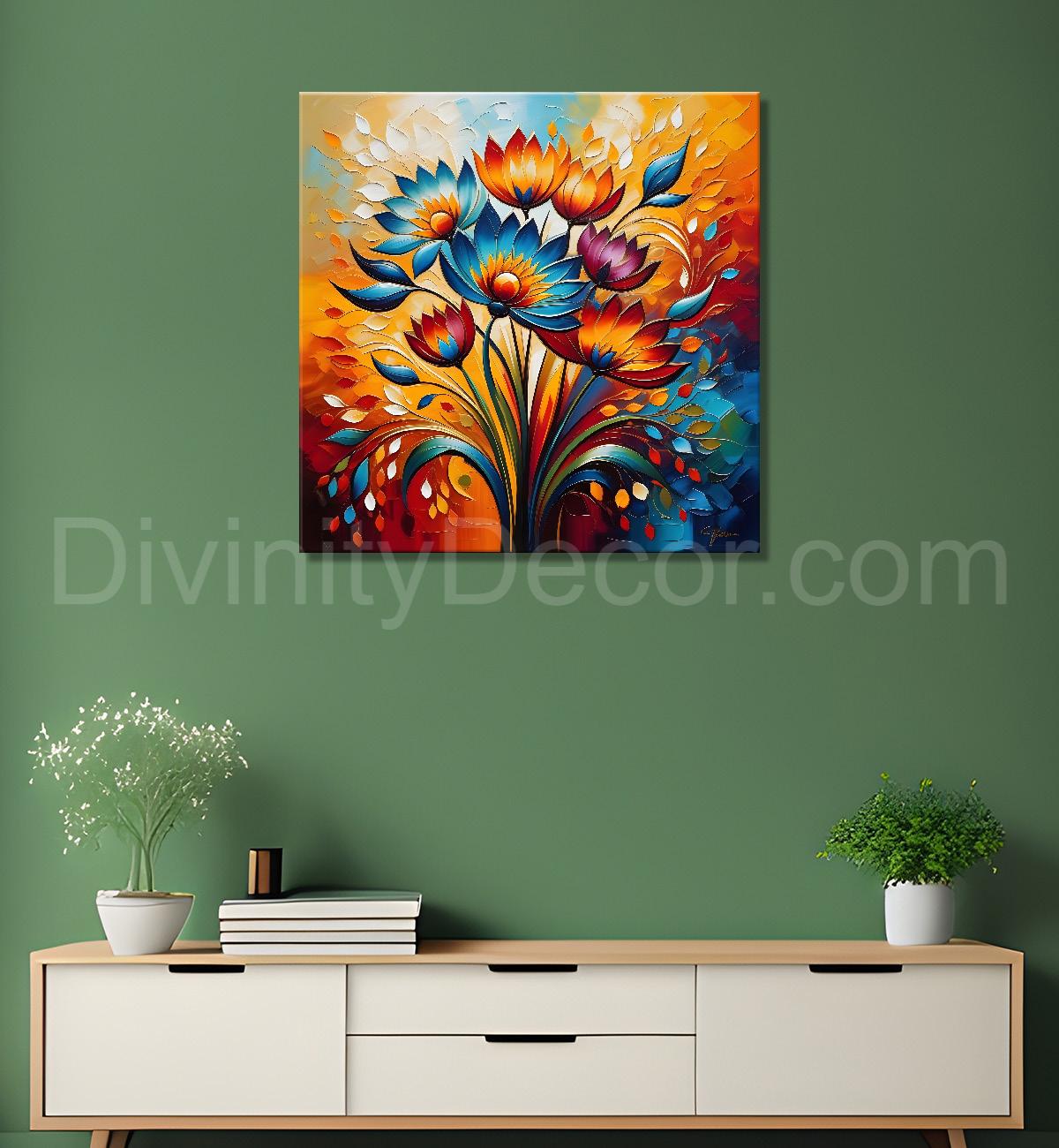 Colourful flowers in a vas with colourful textured oil painting Flower-S-600