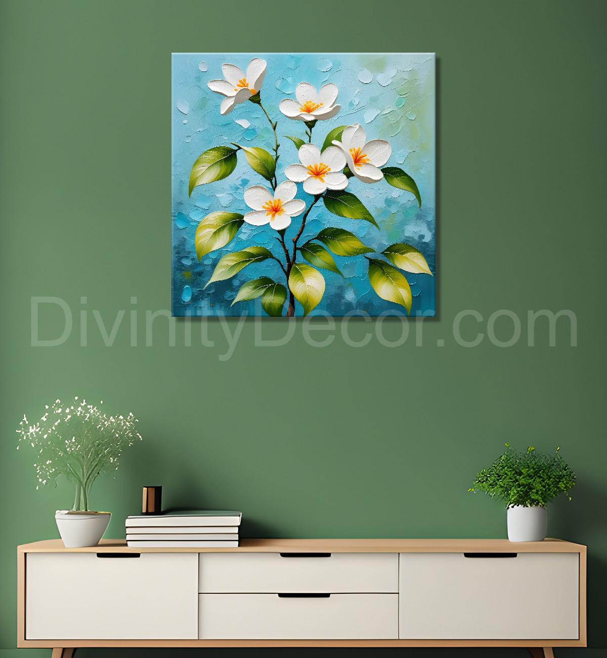 White flowers with blue textured painting - Flower-S-601