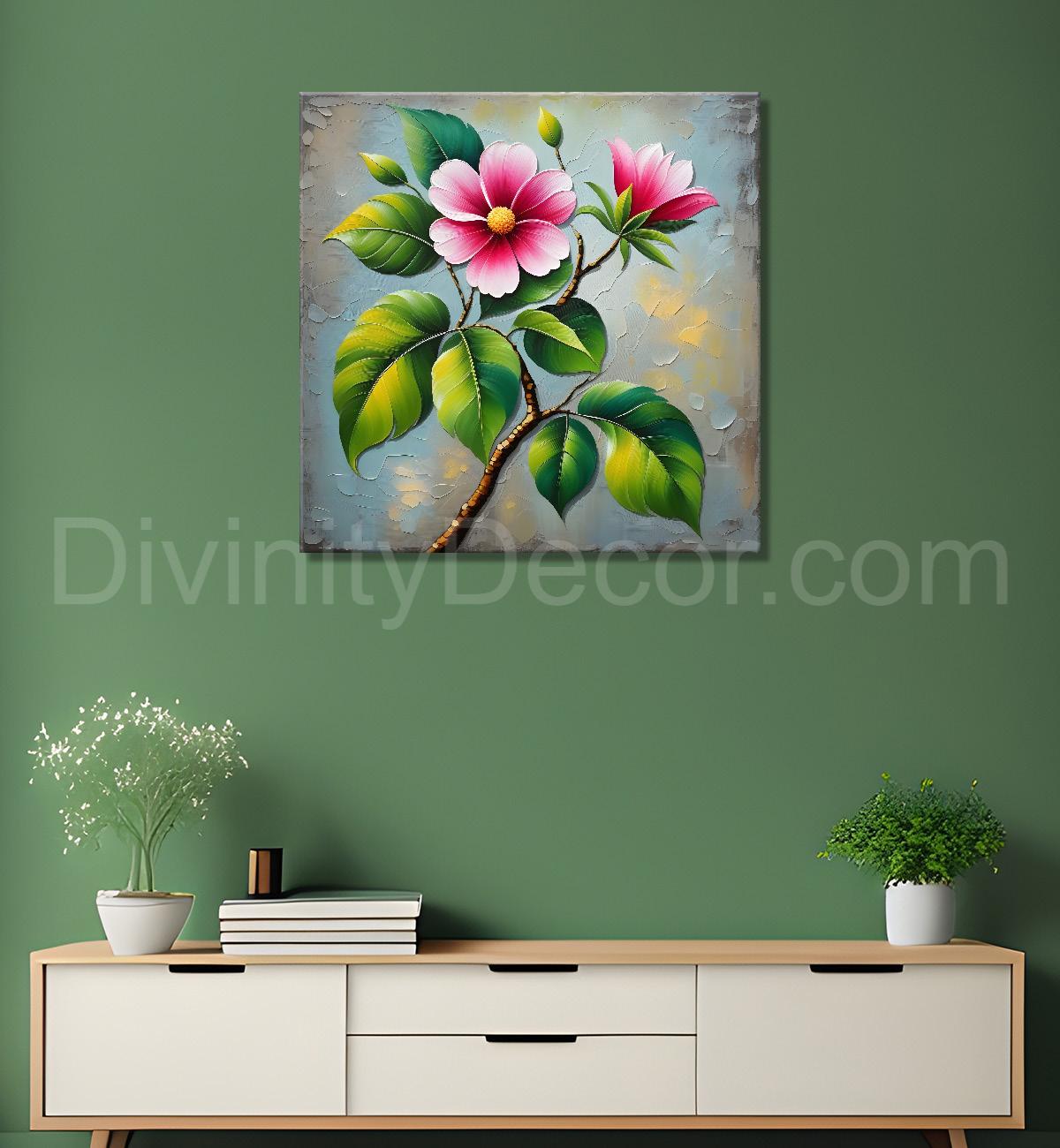 Pink flowers with grey background textured painting - Flower-S-602