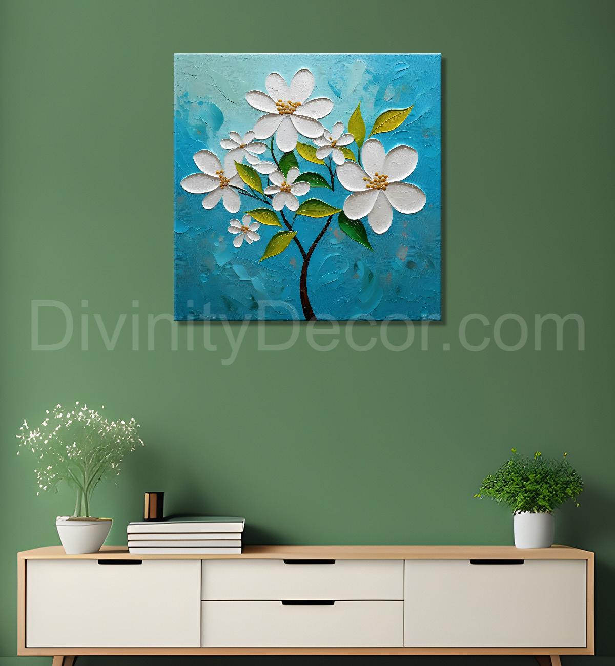 White flowers with blue textured painting - Flower-S-603