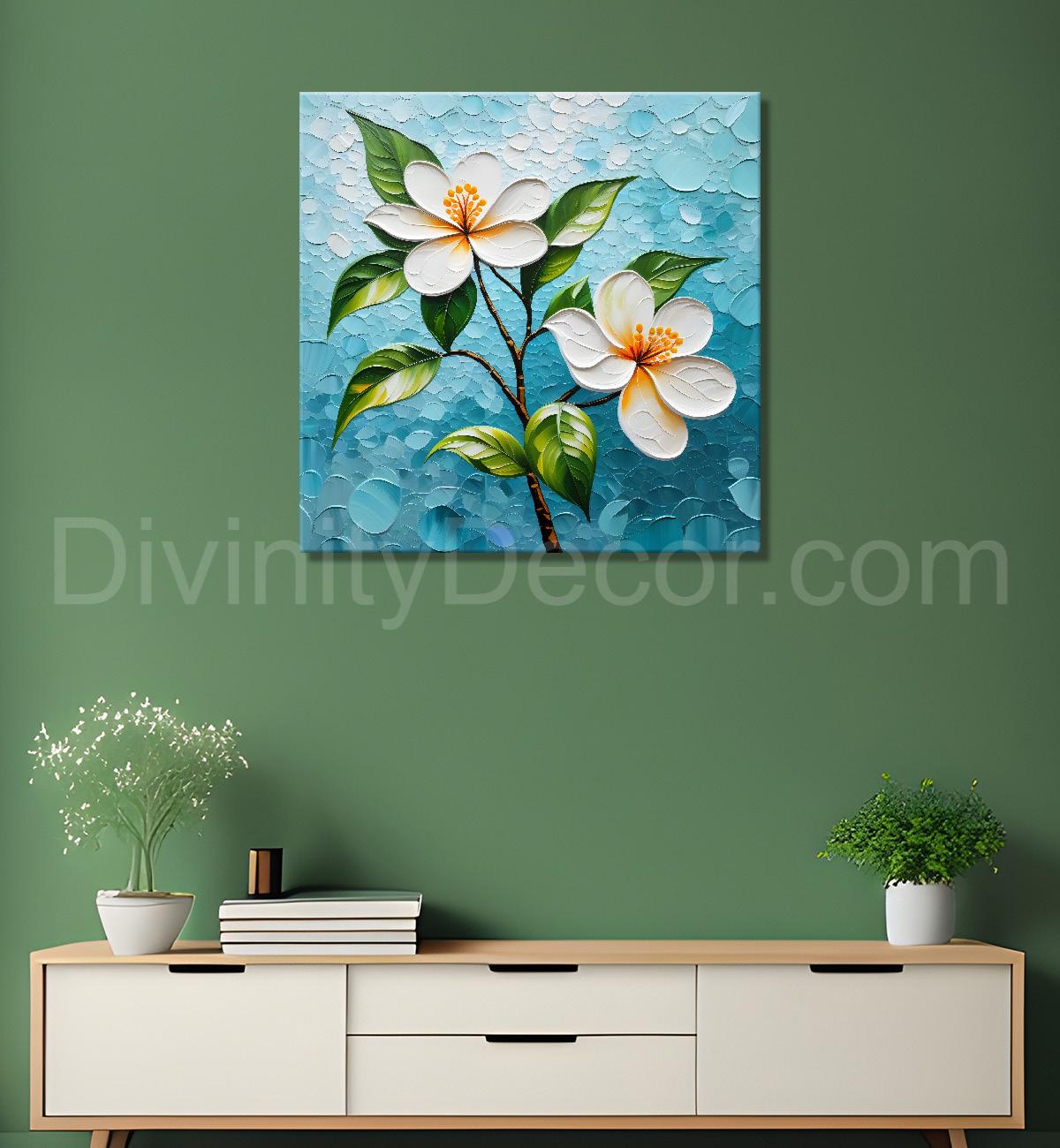 White flowers with blue textured painting - Flower-S-604