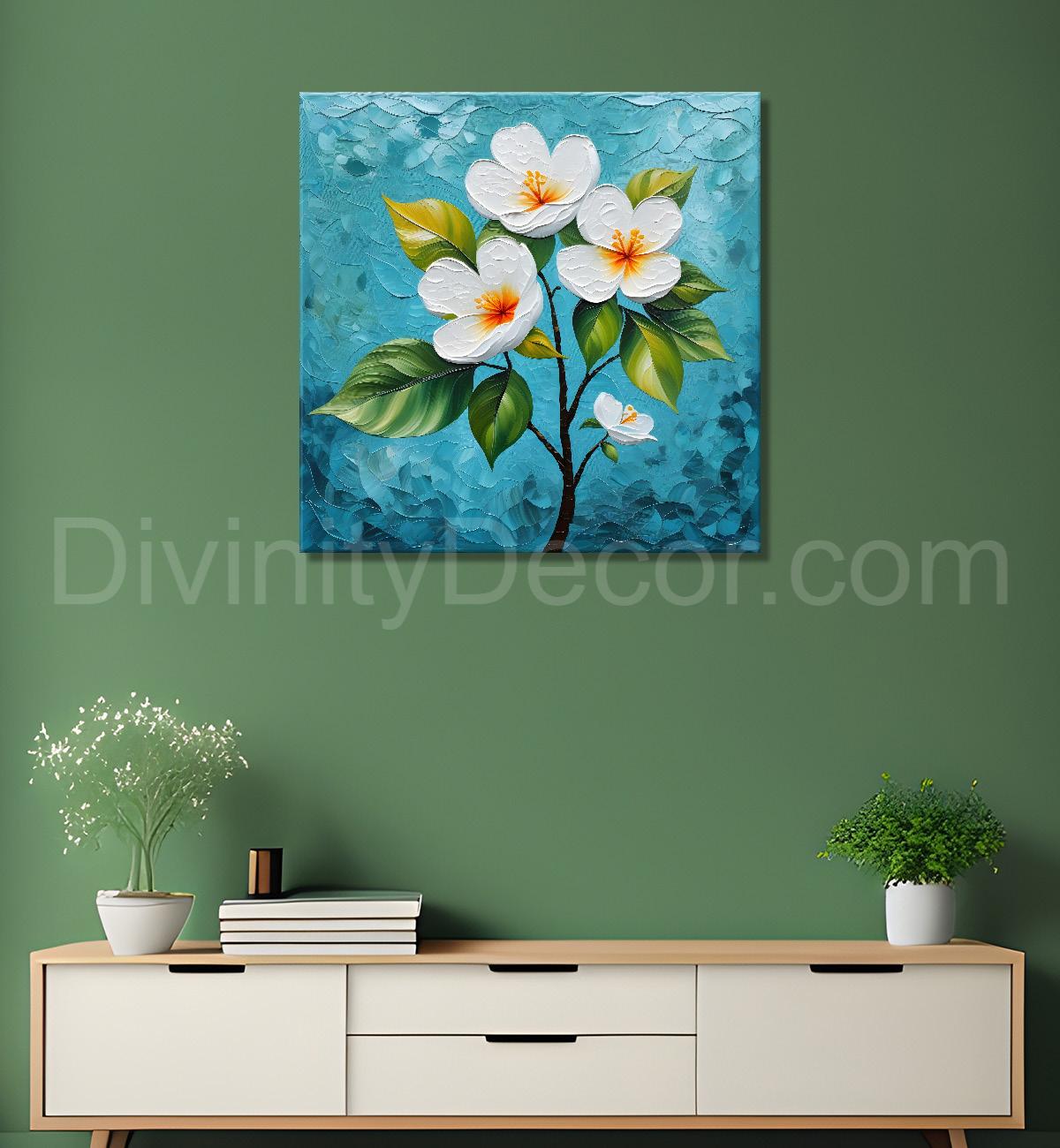 White flowers with blue textured painting - Flower-S-605