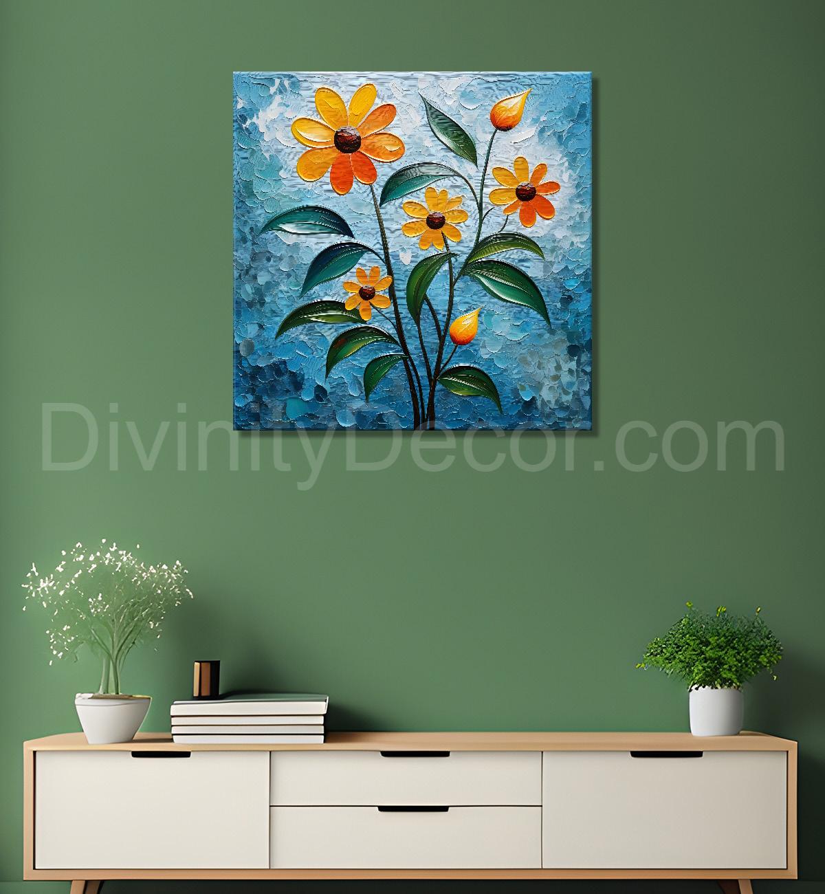 Orange flowers with blue textured painting - Flower-S-606