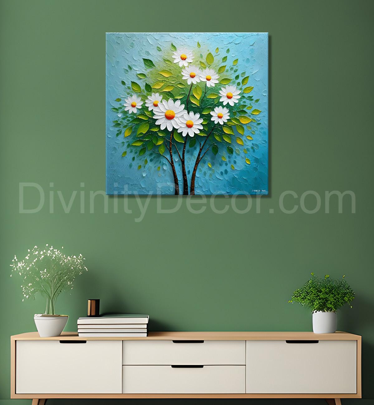 White flowers with blue textured painting - Flower-S-607