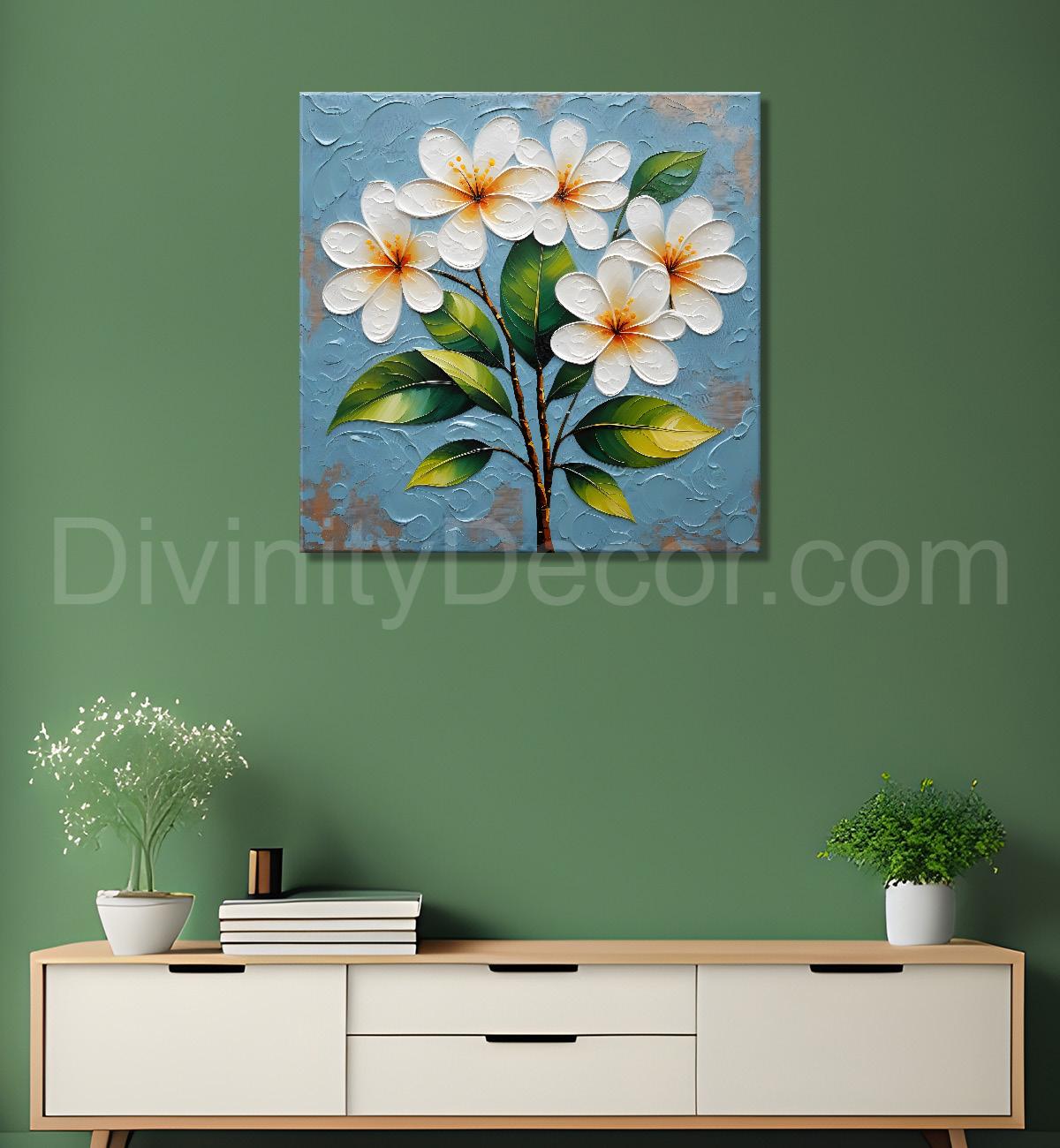 White flowers with blue textured painting - Flower-S-608