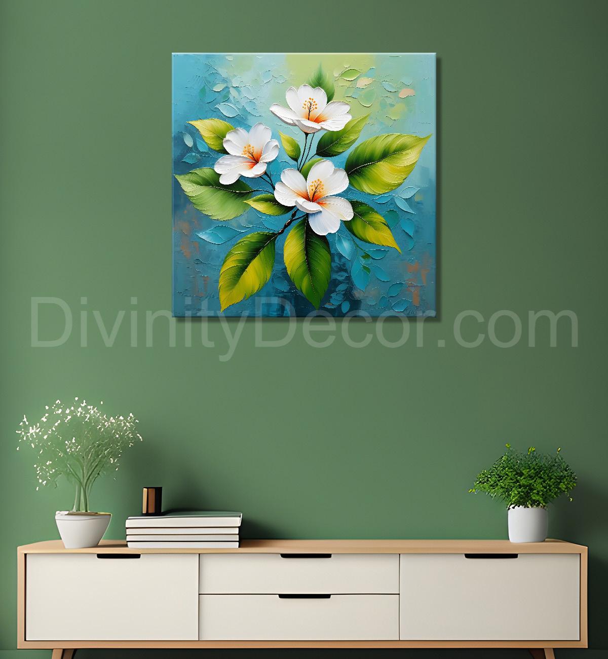 White flowers with blue textured painting - Flower-S-609