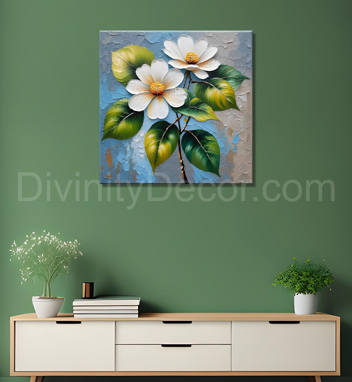 White flowers with blue textured painting - Flower-S-610