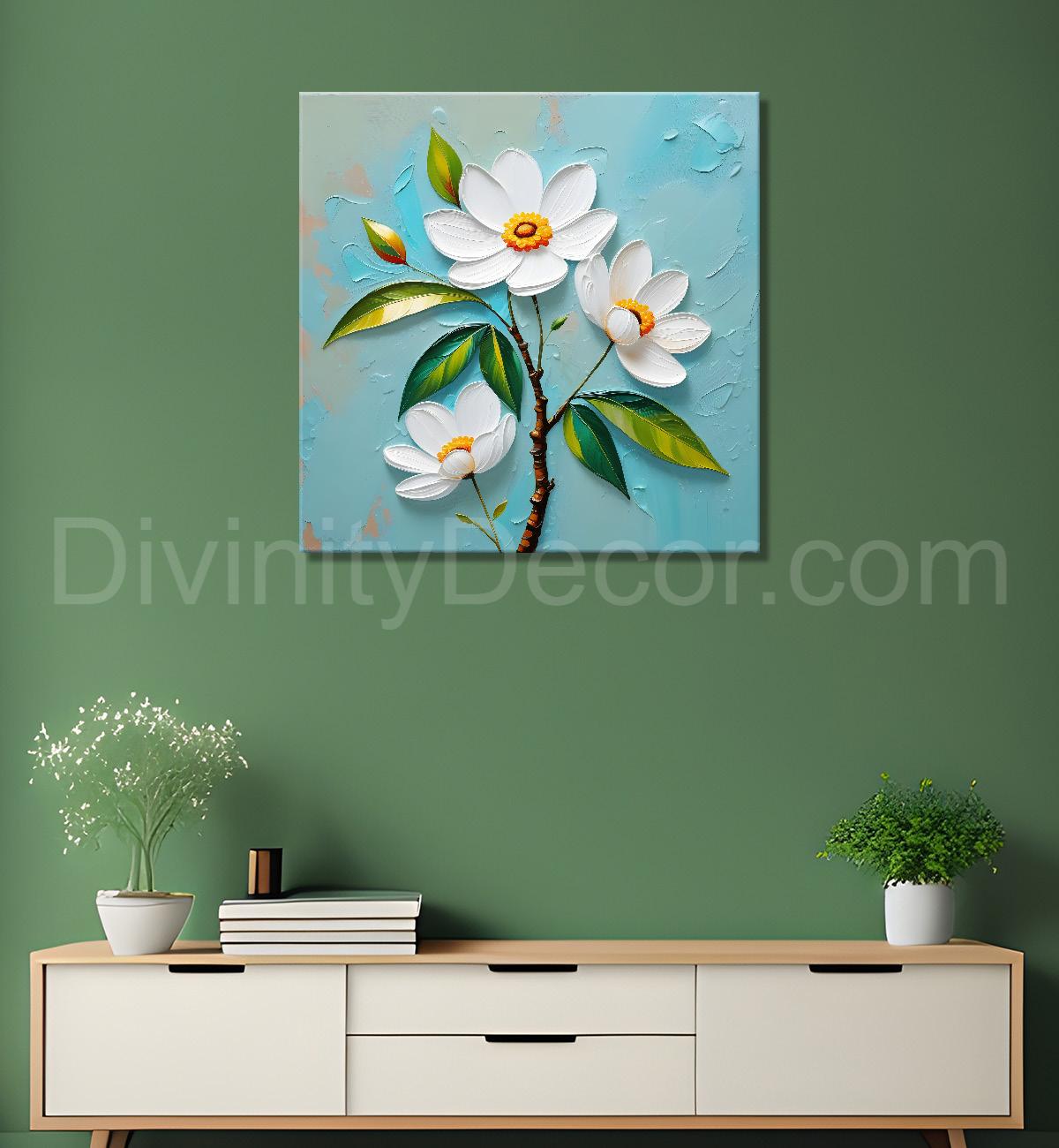 White flowers with blue textured painting - Flower-S-611