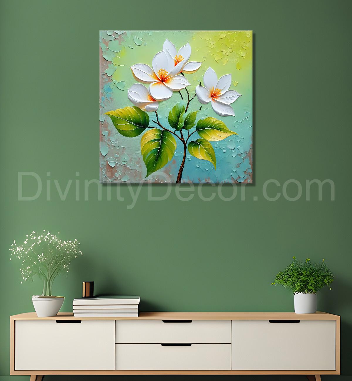 White flowers with blue textured painting - Flower-S-612