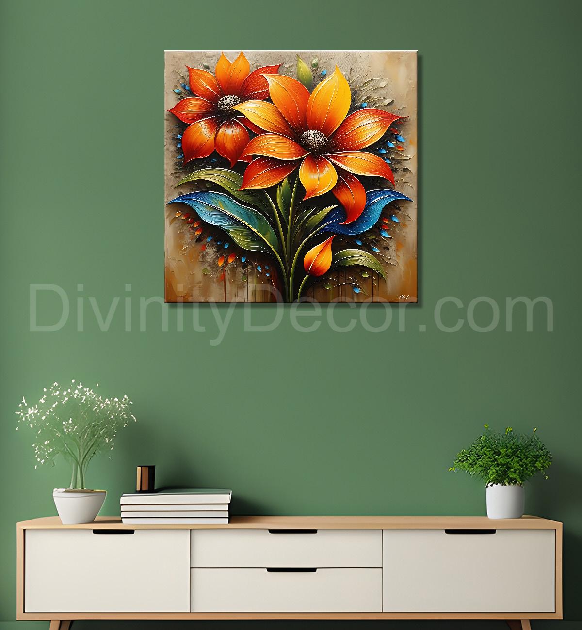 Orange flowers with brown textured painting- Flower-S-613