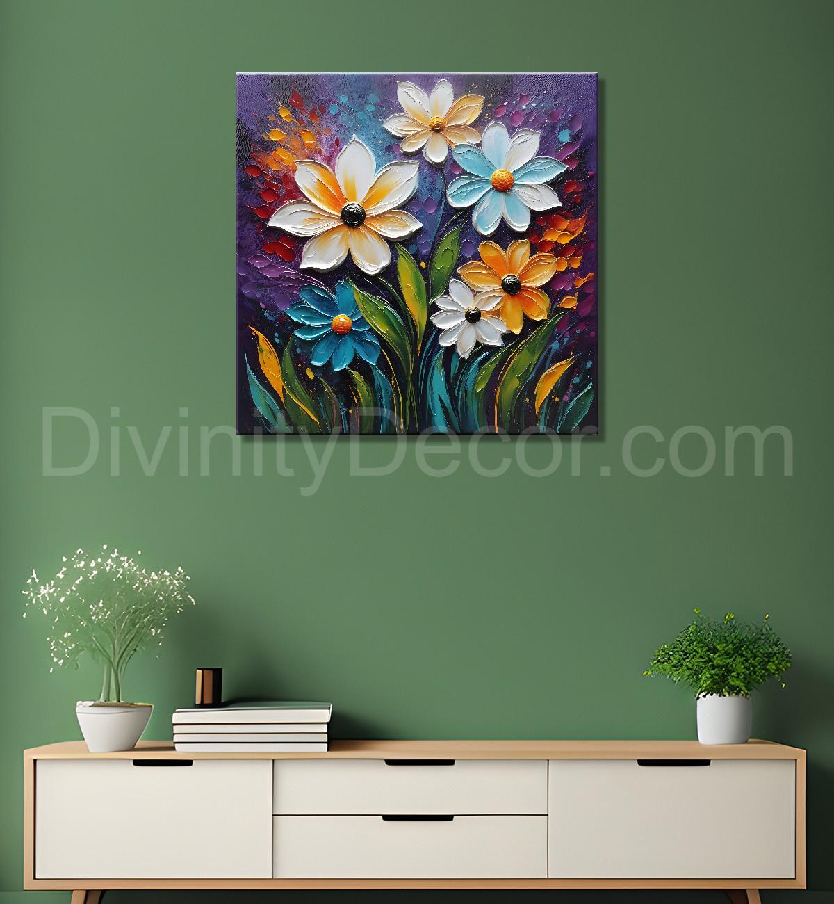 Colourful flowers with purple textured painting - Flower-S-619