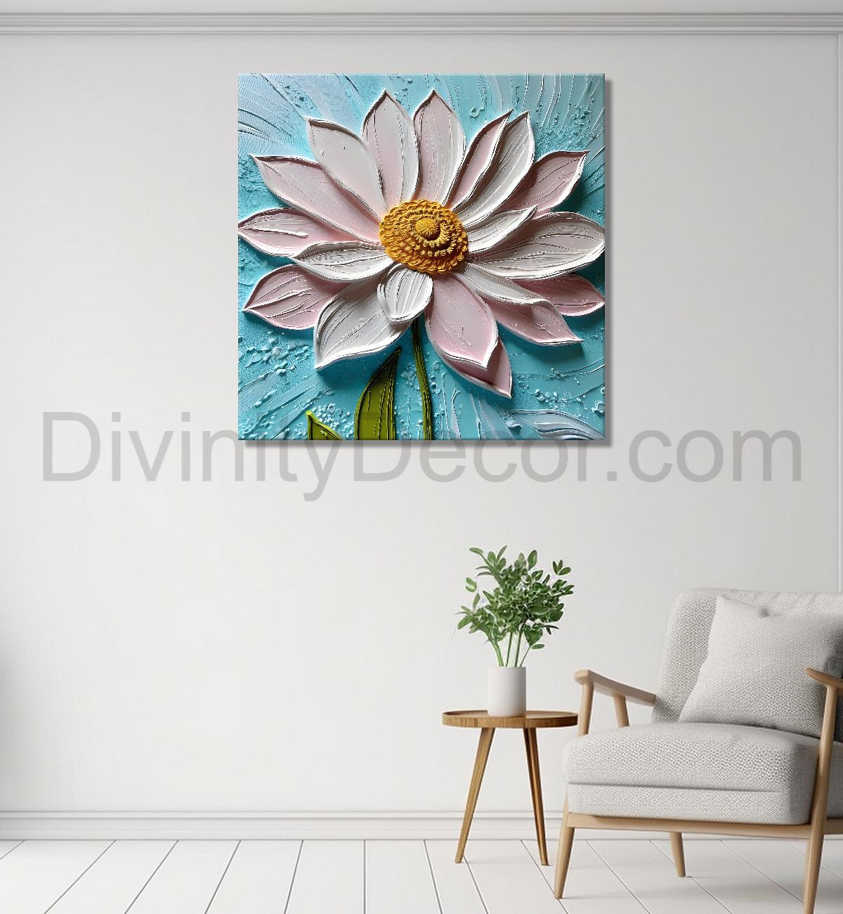 Pink flower in blue background textured painting  - Flower-S-1
