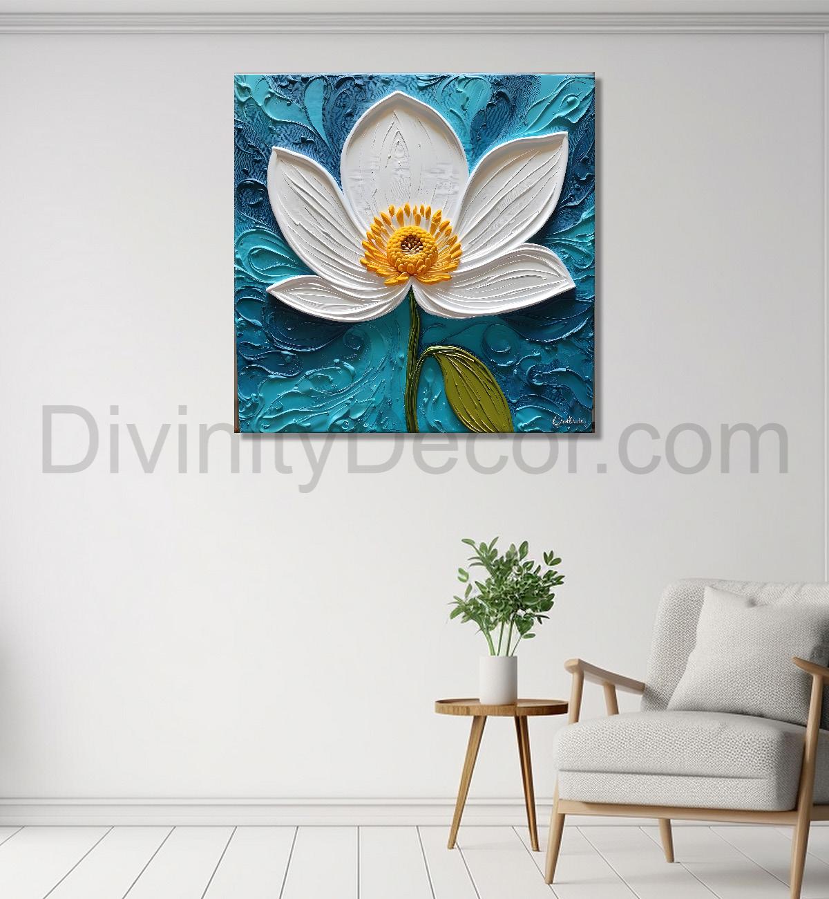 White flower in blue background textured painting - Flower-S-2
