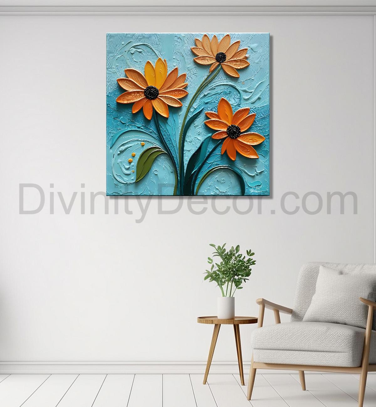 Orange flowers in blue background textured painting  - Flower-S-3