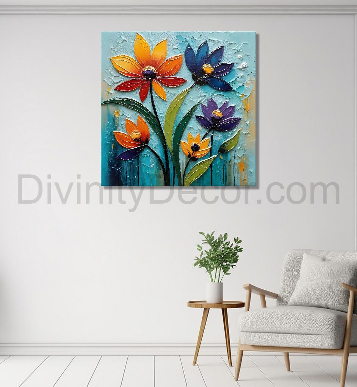 Colourful flowers in blue background textured painting  - Flower-S-4