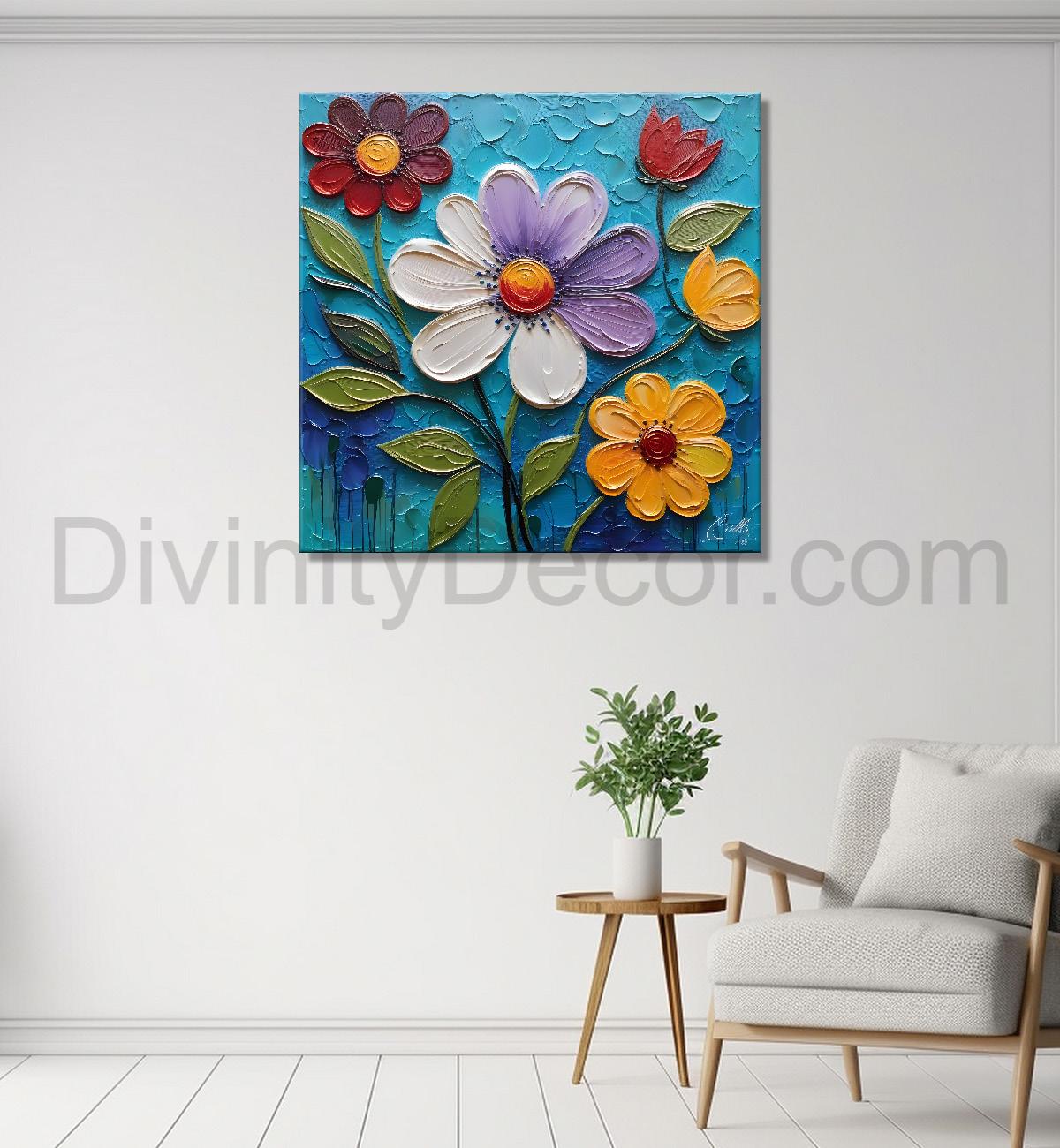 Colourful flowers in blue background textured painting  - Flower-S-6