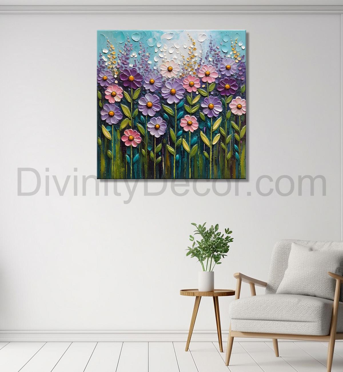 Purple flowers in blue background textured painting - Flower-S-7