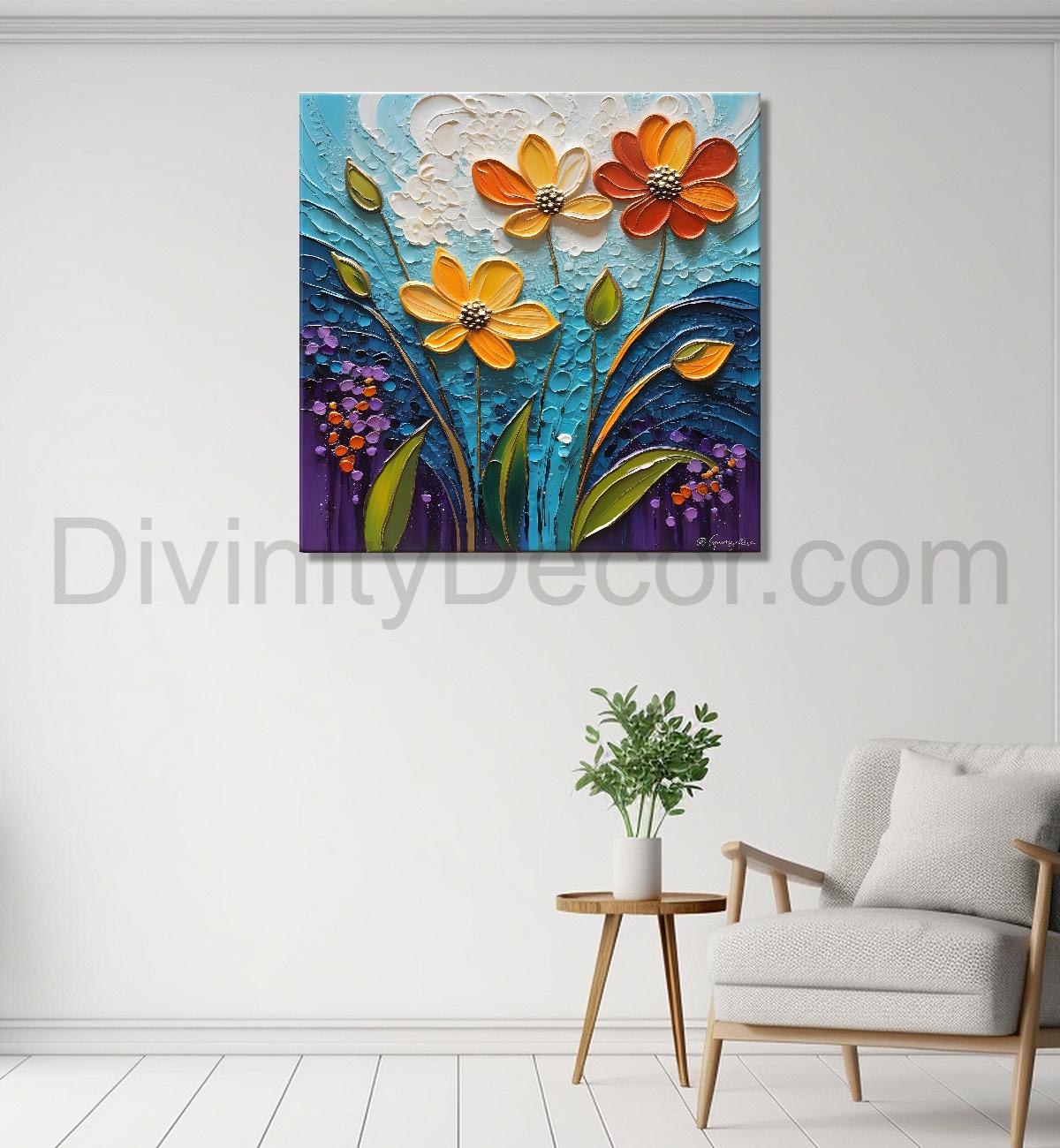 Colourful flowers in blue background textured painting  - Flower-S-8