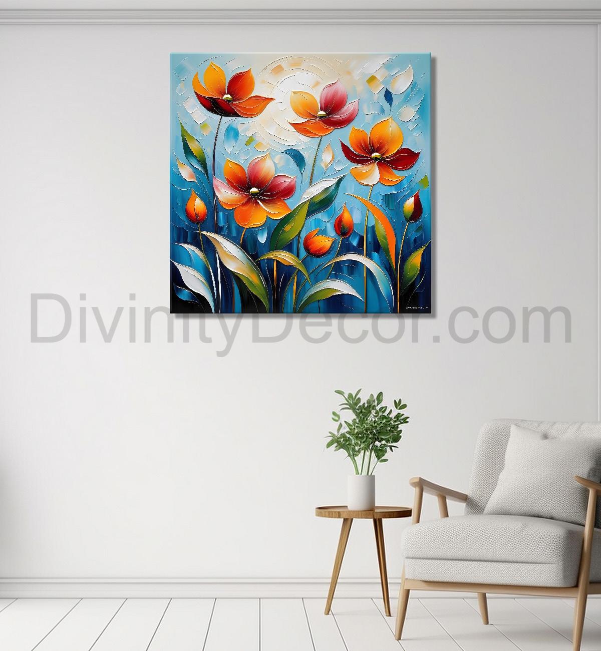 Orange flowers in blue background textured painting  - Flower-S-9