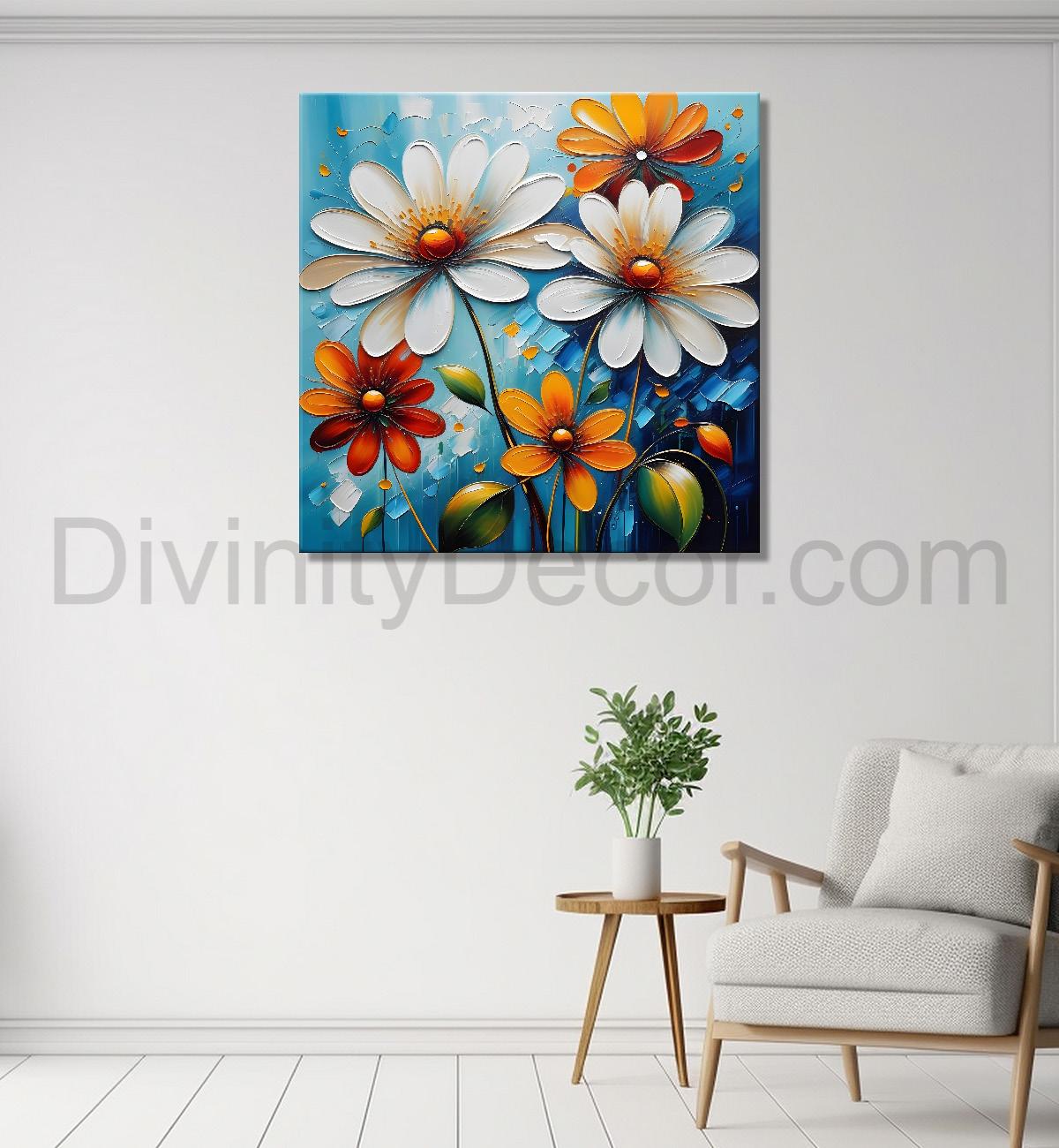 White and orange flowers in blue background textured painting  - Flower-S-10