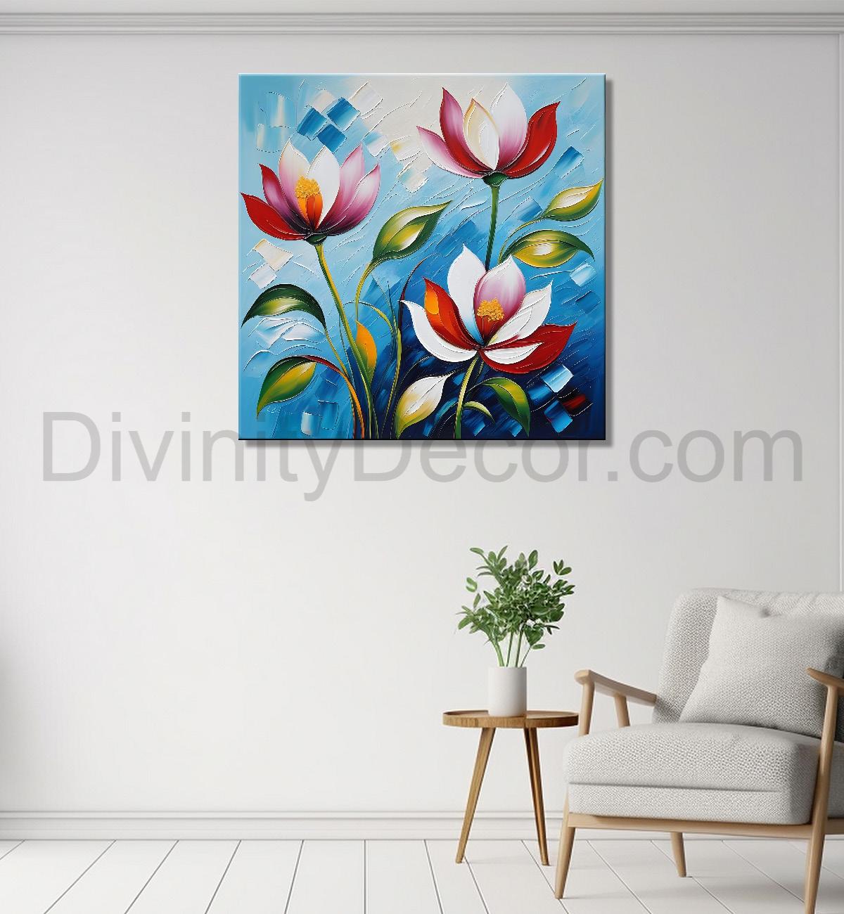Pink flowers in blue background textured painting - Flower-S-11