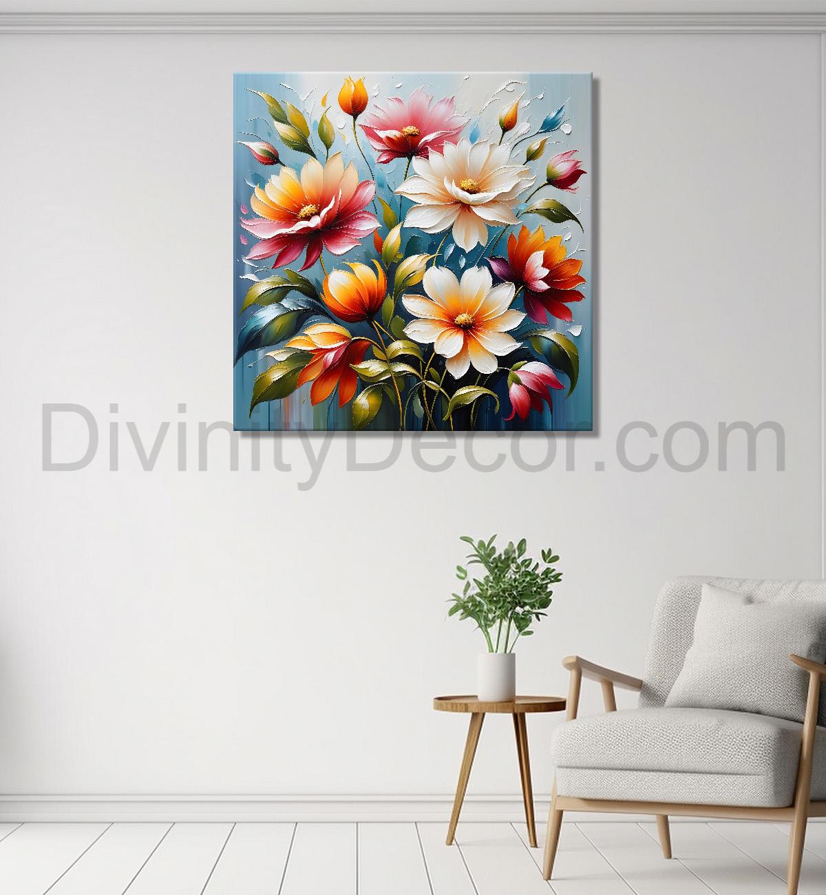 Colourful flowers in blue background textured painting - Flower-S-12