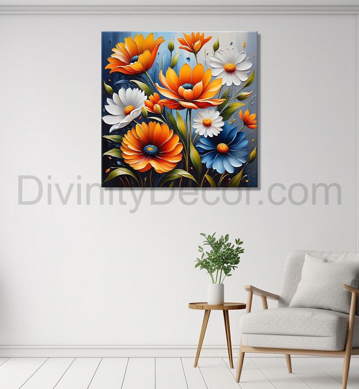 Yellow flowers in blue background textured painting  - Flower-S-13
