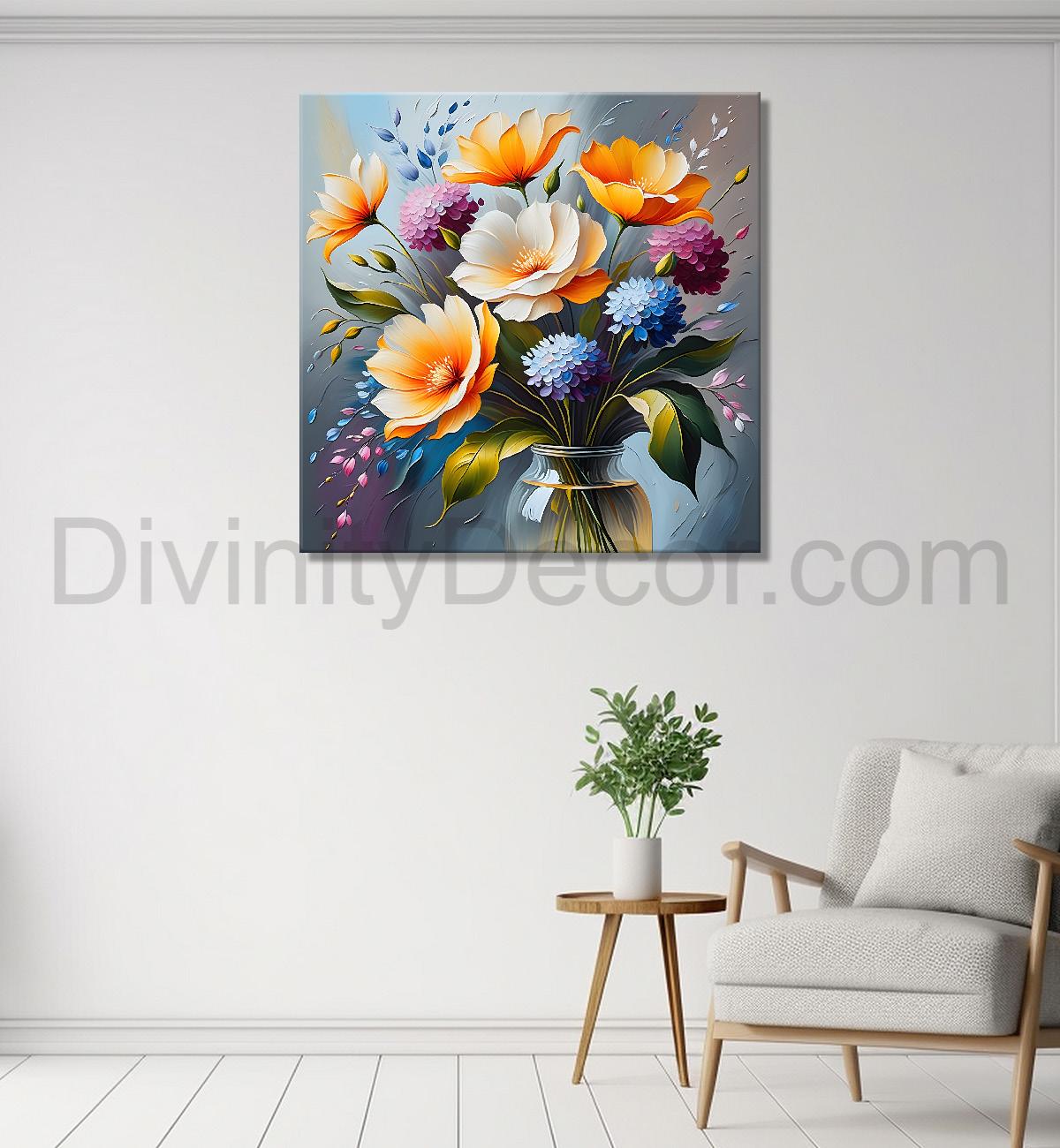 Yellow flowers in blue background textured painting - Flower-S-14