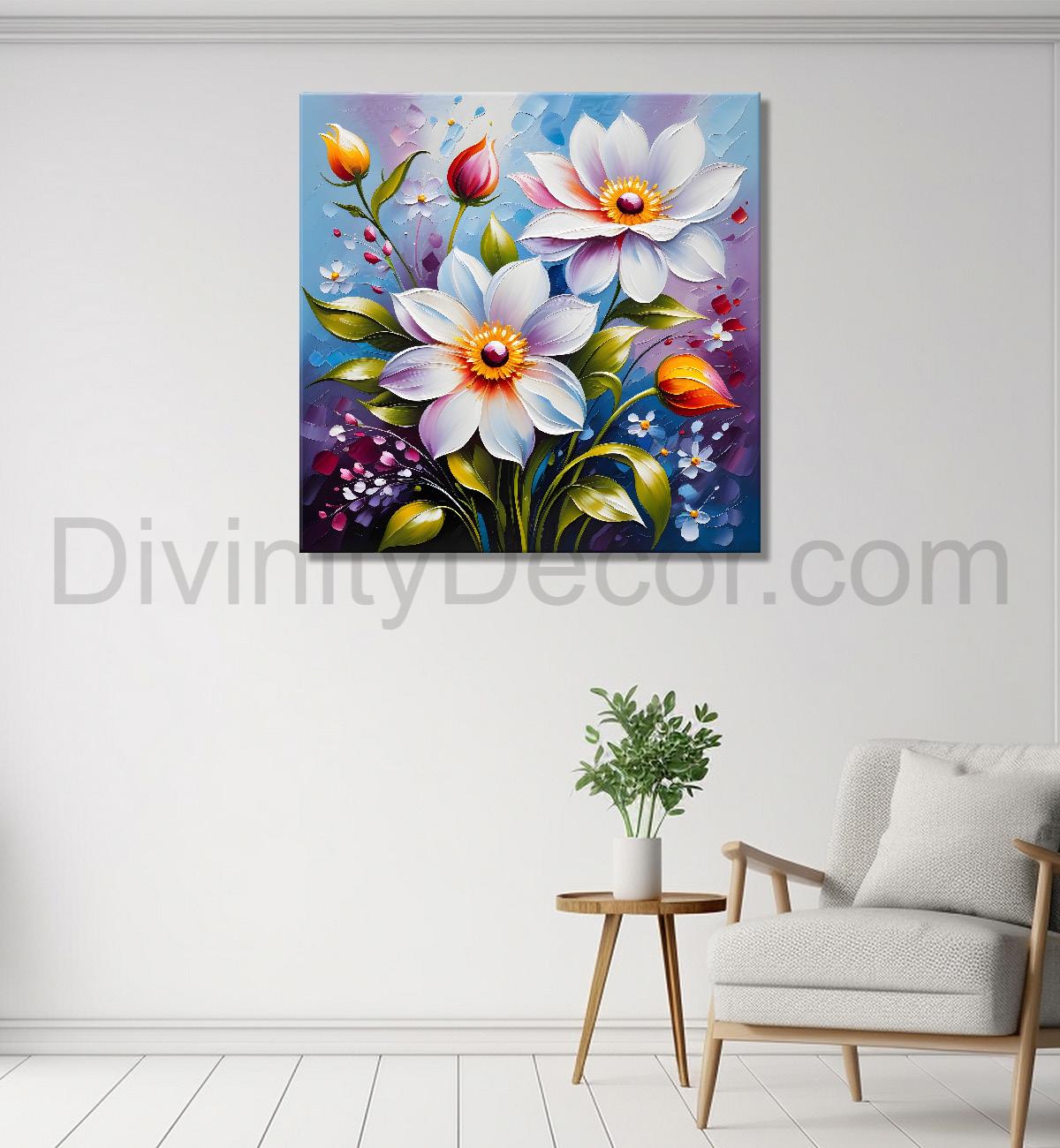 White flowers in blue background textured painting - Flower-S-15
