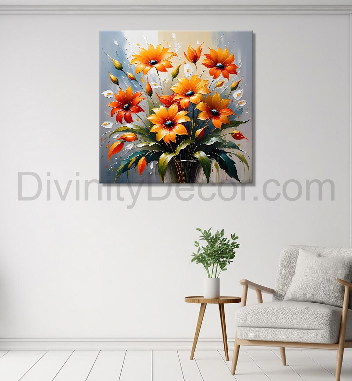 Yellow and orange flowers in grey background textured painting - Flower-S-16